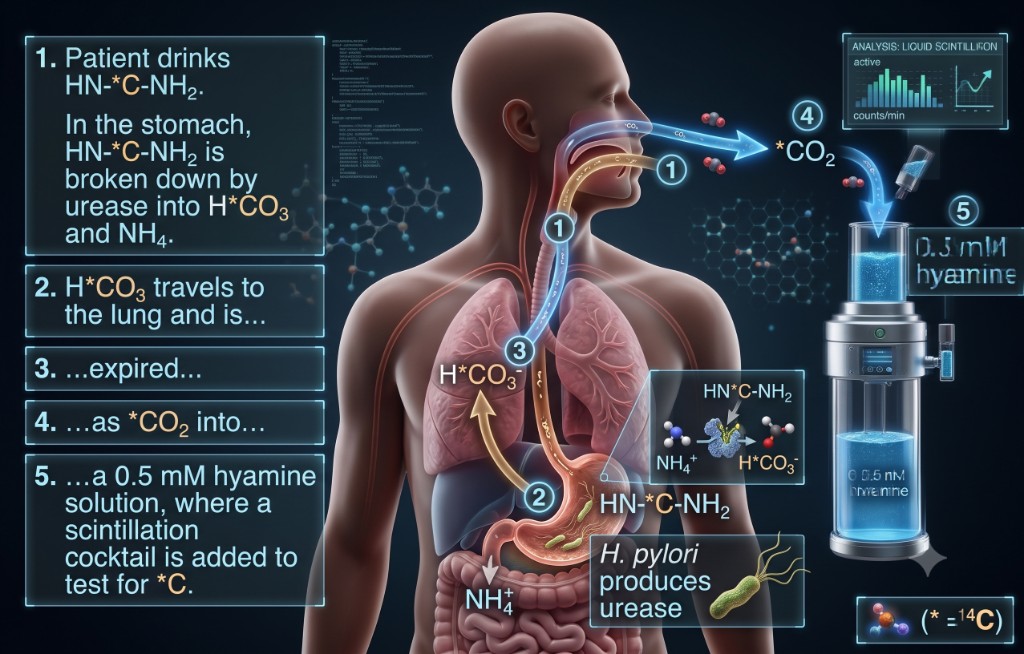 UBT diagnostic flow — H. pylori urease breaks down labelled urea; exhaled CO₂ is measured